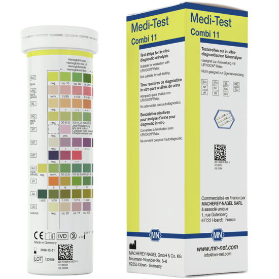 Medi-Test Тест ленти за урина - Combi 11 (Аскорбинова киселина, Билирубин, Кръв, Плътност, Глюкоза, Кетони, Левкоцити, Нитрити, pH, Протеин, Уробилиноген)