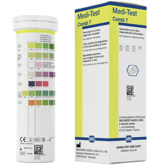 Medi-Test Тест ленти за урина - Combi 7 (Аскорбинова киселина, кръв, глюкоза, кетони, нитрити, рН, протеин)
