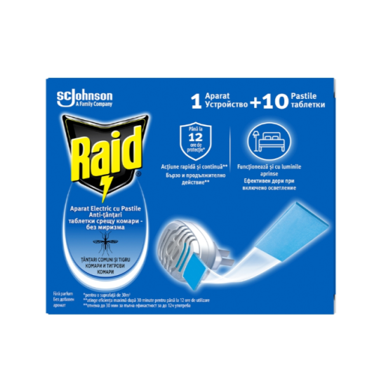 RAID Изпарител срещу летящи насекоми с ламинирани таблетки 1 ИЗПАРИТЕЛ + 10 ТАБЛЕТКИ - SC Johnson